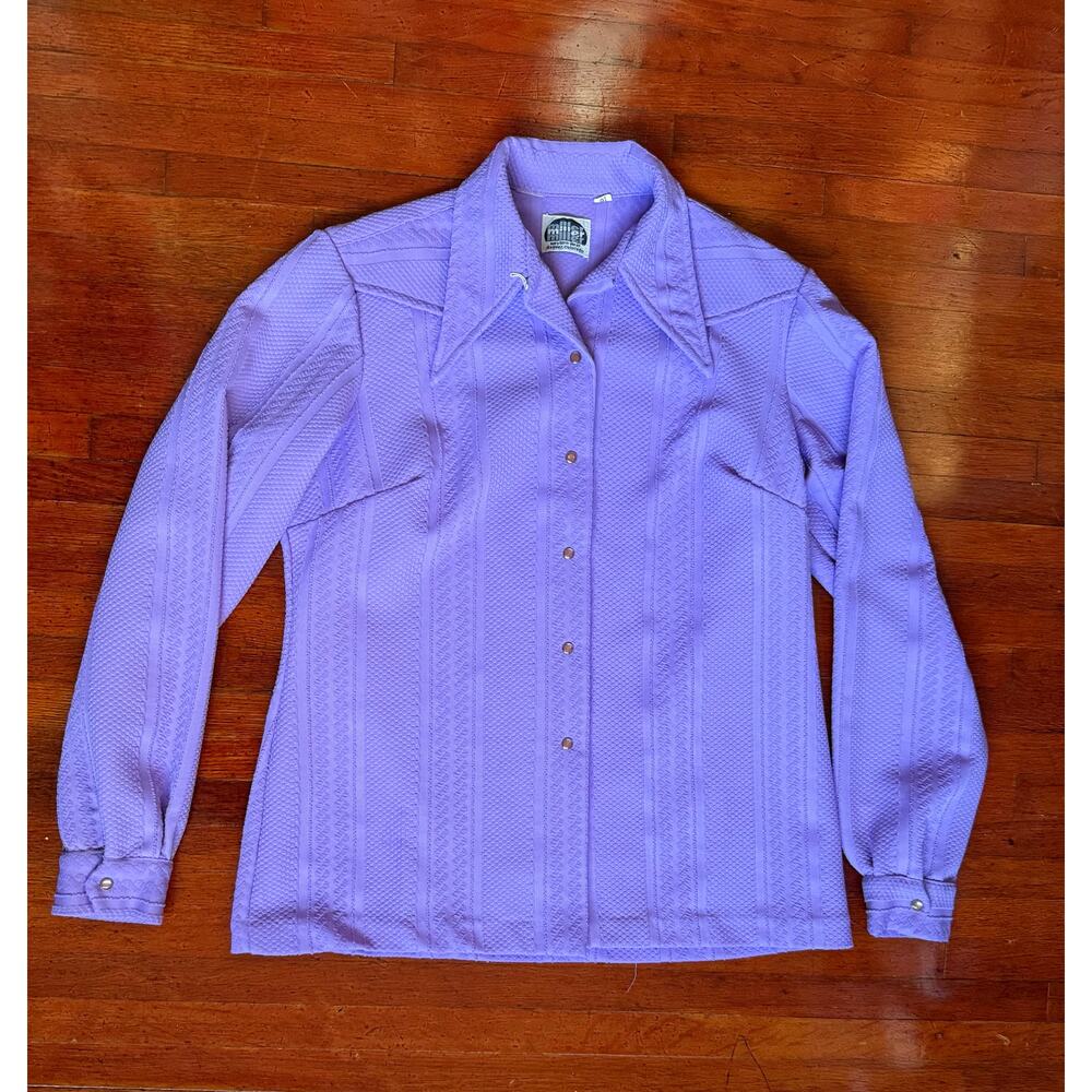 Vintage 70s Miller Purple Western Dagger Collar Snap Pearl Button Down Top Large